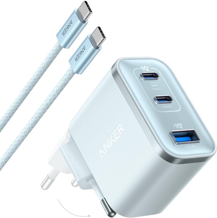 O novo carregador azul Anker Nano Charger (70W, 3 portas). (Fonte da imagem: Anker)