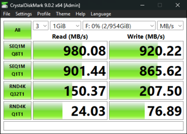 Velocidades de leitura e gravação do SSD no macOS através do Spacemate RD1 Pro.