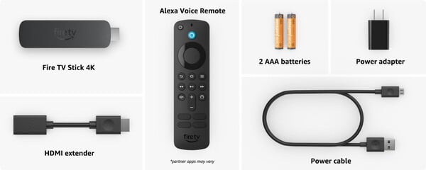 Todos os três dispositivos de streaming vêm com um extensor HDMI, adaptador de energia e baterias para o controle remoto. (Fonte da imagem: Amazon)