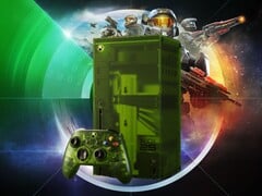 Console Xbox Series X25 visto na frente de jogos exclusivos