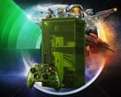 Console Xbox Series X25 visto na frente de jogos exclusivos