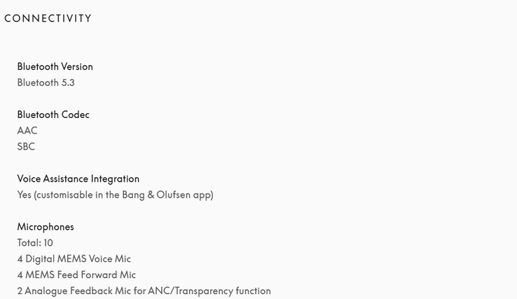 A página de produtos da Bang &amp; Olufsen nos EUA agora lista apenas o suporte a AAC e SBC. (Fonte da imagem: Bang &amp; Olufsen)