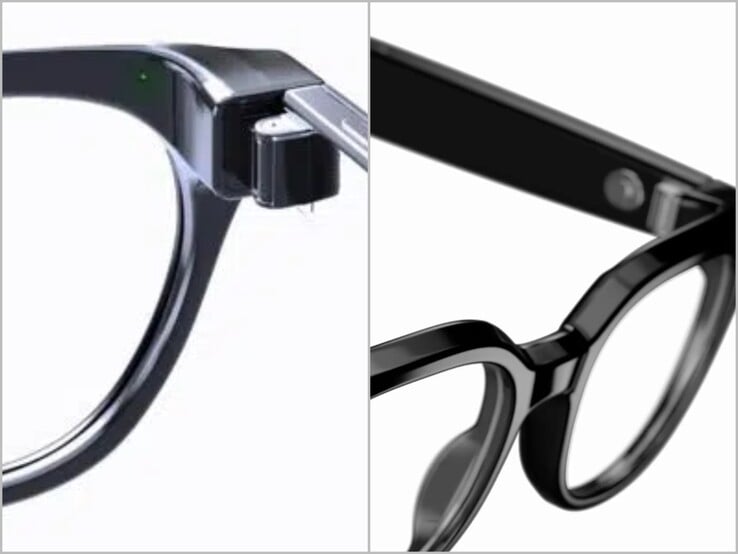 Indicador LED na parte interna da armação (à esquerda) e close dos óculos “ Galaxy ” da Warby Parker. 