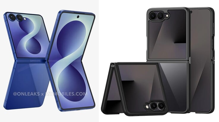 Galaxy Renderizações do Z Flip 8 (à esquerda), renderizações iniciais da caixa do Galaxy Z Flip 8 (à direita)
