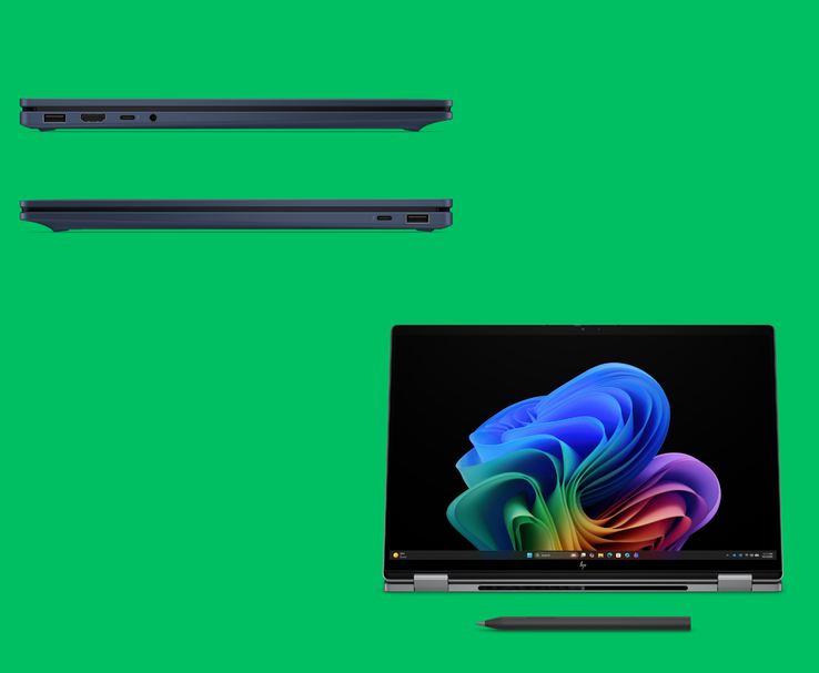 Laptop HP OmniBook X Flip de 16 polegadas 2 em 1 mostrado em modo tablet com suporte para caneta stylus (Fonte da imagem: HP)