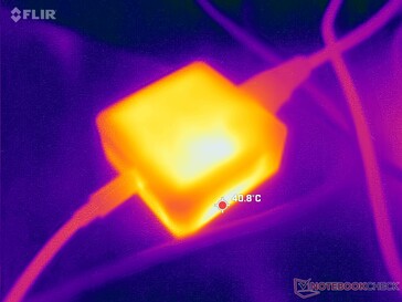 O adaptador CA atinge mais de 41 °C ao operar cargas exigentes
