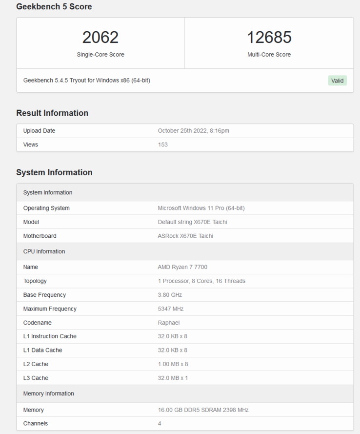 Listagem AMD Ryzen 7 7700 Geekbench (imagem via Geekbench)