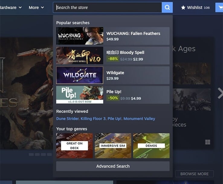 A nova função de pesquisa agora também exibe consultas de pesquisa populares de outros usuários. (Fonte da imagem: Steam)