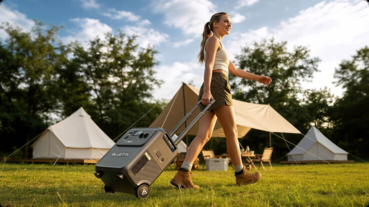 A alça telescópica e as rodas facilitam o transporte do Bluetti Elite 400.