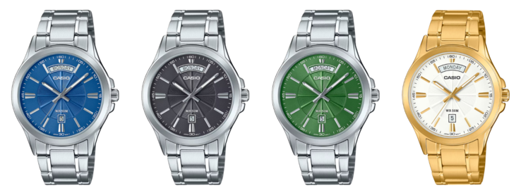 Da esquerda para a direita: Casio MTP-1381D-2AV, MTP-1381D-3AV, MTP-1381D-8AV e MTP-1381GD-7AV. (Fonte da imagem: Casio)