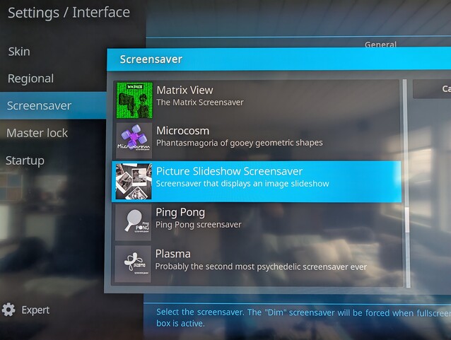 O Kodi é uma maneira fácil de configurar um protetor de tela com imagens em sua TV Android, mas o senhor precisa mantê-lo em funcionamento para que o protetor de tela seja acionado (Fonte da imagem: Notebookcheck)