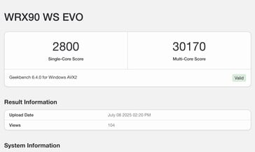 Listagem do Geekbench para o Ryzen Threadripper PRO 9995WX. (Fonte da imagem: Geekbench)