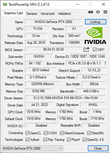Perfil de hardware do GTX 2080. (Fonte: ascandence22 em Reddit)