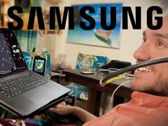 Paciente da Neuralink utilizando uma interface cérebro-computador (BCI), com o logotipo da Samsung na parte superior.
