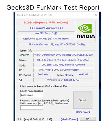 51Risc RTX 3070 TiM GPU - Relatório de teste FurMark. (Fonte da imagem: Aliexpress)
