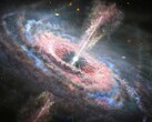 Uma ilustração de uma galáxia distante com um quasar ativo em seu centro. (Fonte da imagem: Nasa, ESA e J. Olmsted - STScI)