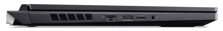 Lado esquerdo: Gigabit Ethernet, USB 2.0 (USB-A), leitor de cartão de memória (MicroSD), combinação de áudio