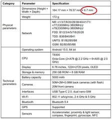 A folha de especificações que vazou mostra uma espessura de 5,9 mm
