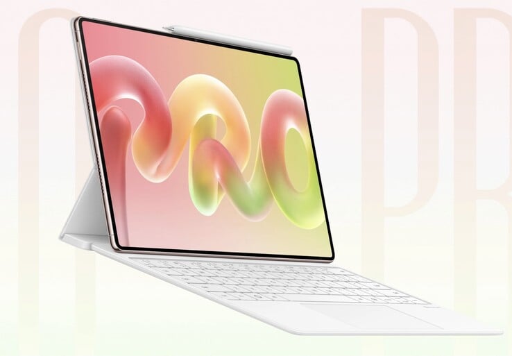 O MatePad Pro com acessórios de teclado e caneta.