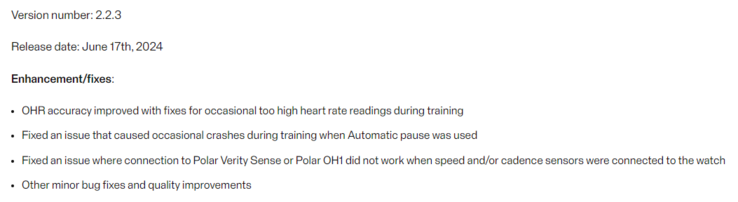 As notas de lançamento da versão 2.2.3 do firmware. (Fonte da imagem: Polar)