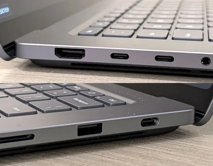 A porta USB-C do lado direito do Surface Laptop Ultra é visivelmente maior do que as portas USB-C do lado esquerdo.