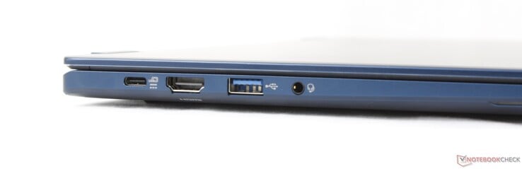 Esquerda: USB-C 4.0 com Power Delivery + DisplayPort, HDMI 2.1, USB-A (5 Gbps), conector de 3,5 mm para auscultadores com microfone