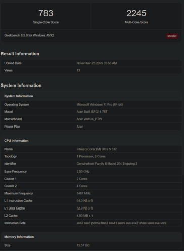 Intel Core Ultra 5 332 Geekbench listing (fonte da imagem: Geekbench)