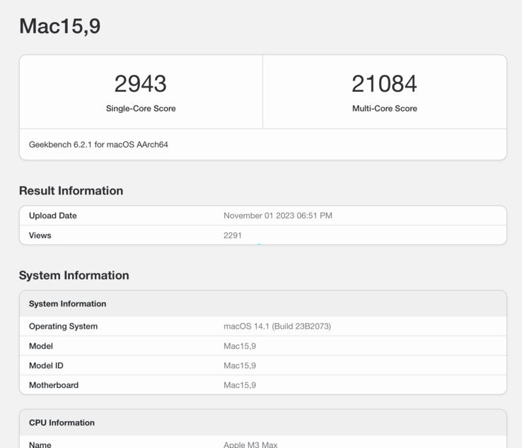 Appleo M3 Max da Apple tem um desempenho admirável no benchmark Geekbench 6. (Fonte: Geekbench 6)