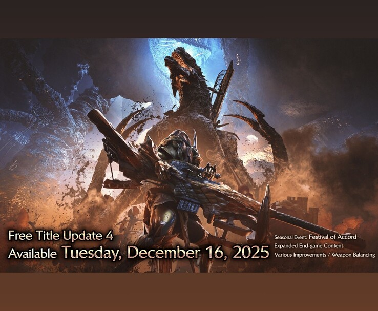 Arte promocional de Monster Hunter Wilds destacando o Free Title Update 4, que será lançado em 16 de dezembro de 2025, com o evento Festival of Accord e outras atualizações (Fonte da imagem: Capcom)
