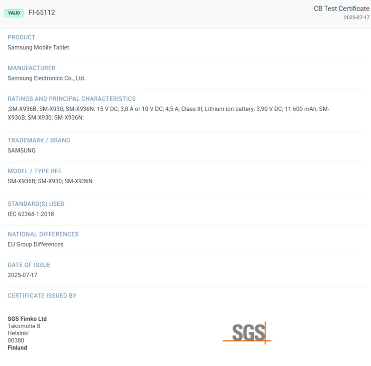 A SGS Fimko certifica o tablet carro-chefe da próxima geração da Samsung para usar especificações de bateria e carregamento praticamente inalteradas. (Fonte: SGS Fimko via XpertPick)