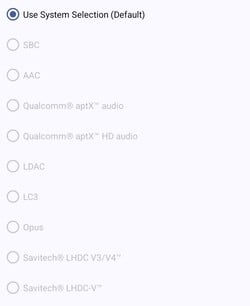 Codecs de áudio Bluetooth disponíveis
