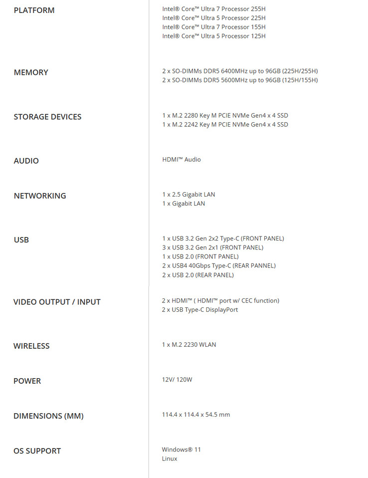 Especificações do mini PC (Fonte da imagem: ECS)