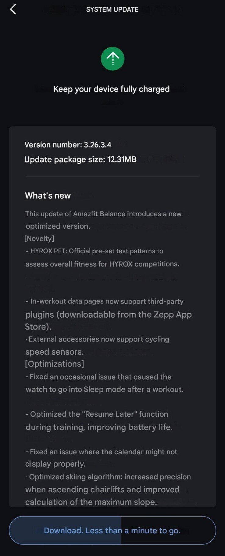 As notas de lançamento da versão 3.26.3.4 para o smartwatch Amazfit Balance. (Fonte da imagem: u/SensitiveClock3479 via Reddit, tradução automática)