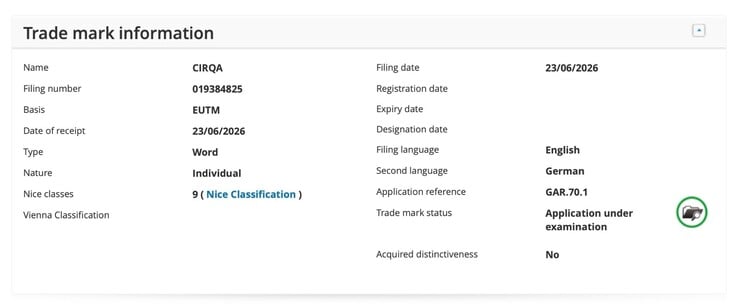 Patente CIRQA da Garmin nº 019384825 junto ao Instituto Europeu de Propriedade Intelectual (EUIPO)