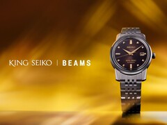 O relógio King Seiko x Beams SDKA025, retratado em um fundo amarelo-laranja estilizado. (Fonte da imagem: PR Times JP)