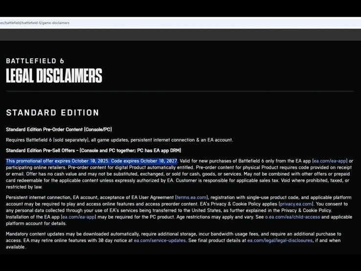 Página de isenção de responsabilidade legal do Battlefield 6 Standard Edition mostrando a data final da promoção de pré-venda. (Fonte da imagem: Eurogamer)