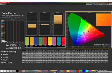 Cores (modo de cor: Padrão, temperatura de cor: Quente, espaço de cor alvo: DCI-P3)