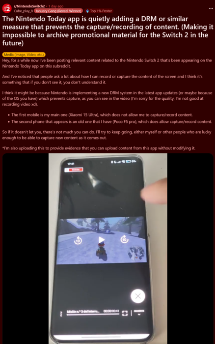 Restrições de DRM do aplicativo Nintendo Today! (Fonte da imagem: captura de tela, subreddit do Nintendo Switch 2)