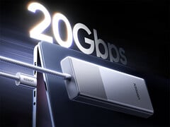A versão de 10Gbps da caixa para SSD custa $29,99. Na imagem: uma foto promocional que destaca a taxa de transferência de 20Gbps do outro modelo.