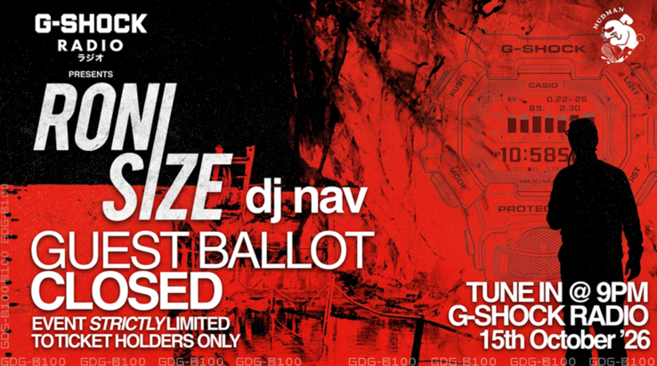 Roni Size vai atuar no evento underground de lançamento do G-Shock Mudman da Casio em 15 de outubro de 2026, com o set transmitido pela G-Shock Radio.