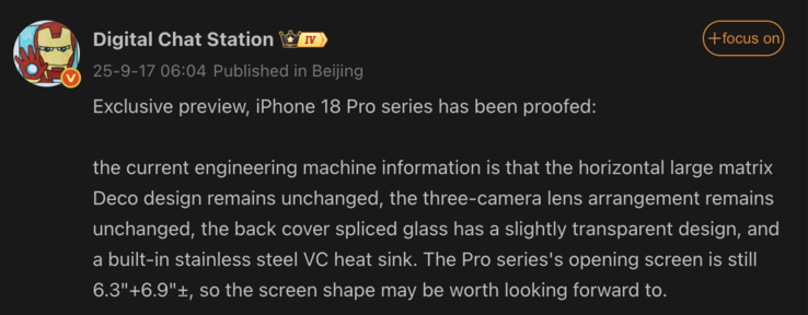 Detalhes vazados do iPhone 18 Pro. (Fonte da imagem: Weibo - tradução automática)