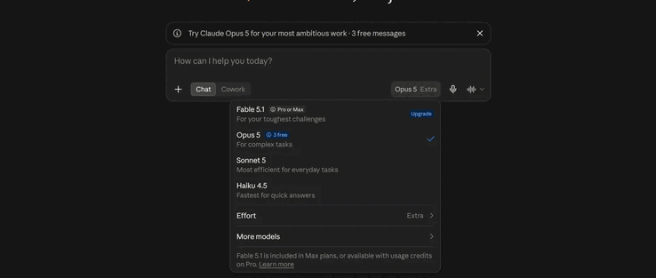O Claude Opus 5 está disponível para contas gratuitas, mas com um limite de apenas 3 mensagens