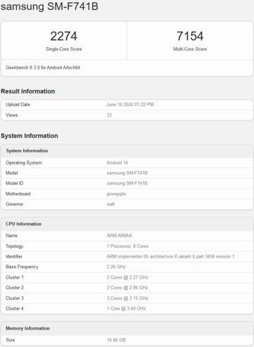 Samsung Galaxy Z Flip6 Geekbench listing with 12 GB RAM (imagem via Geekbench)