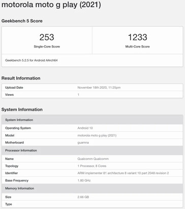 A Moto G Play (2021) na Geekbench tem um processador Qualcomm... (Fonte: Geekbench)