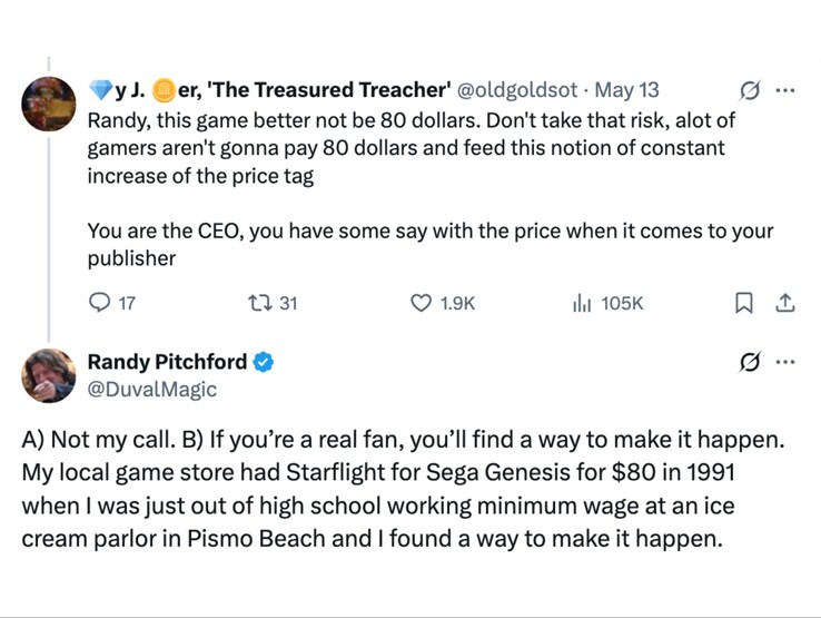 A resposta de Randy Pitchford ao comentário de um fã sobre o preço de Borderlands 4. (Fonte da imagem: Randy Pitchford on X)