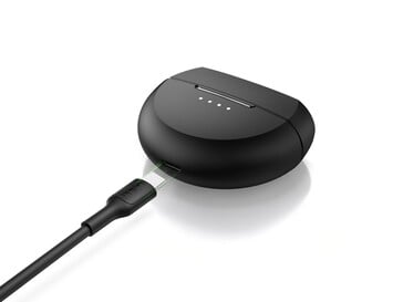 O estojo de carregamento USB-C dos fones de ouvido SoundForm Rhythm ANC. (Fonte da imagem: Belkin)