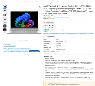 Anúncio do Asus Vivovook S 15 na Amazon com o mesmo aviso (fonte da imagem: Amazon)