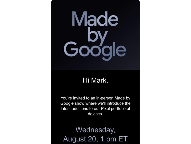 Convite do evento Made by Google enviado a Mark Gurman. (Fonte da imagem: Mark Gurman no X)