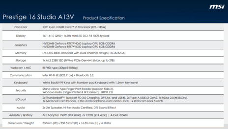 MSI Prestige 16 Studio A13V - Especificações. (Fonte da imagem: MSI)