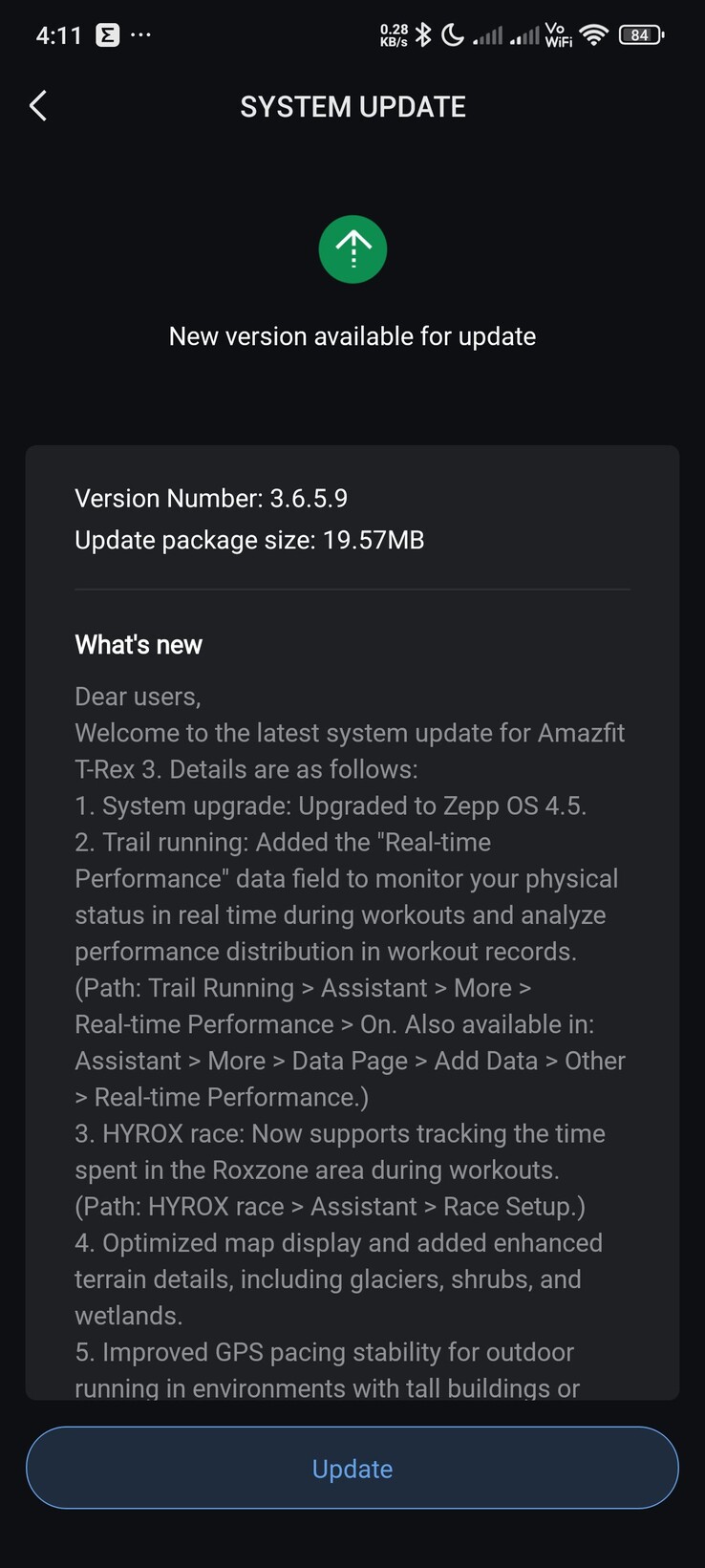 As notas de lançamento da atualização da versão 3.6.5.9 para o smartwatch Amazfit T-Rex 3. (Fonte da imagem: Facebook)
